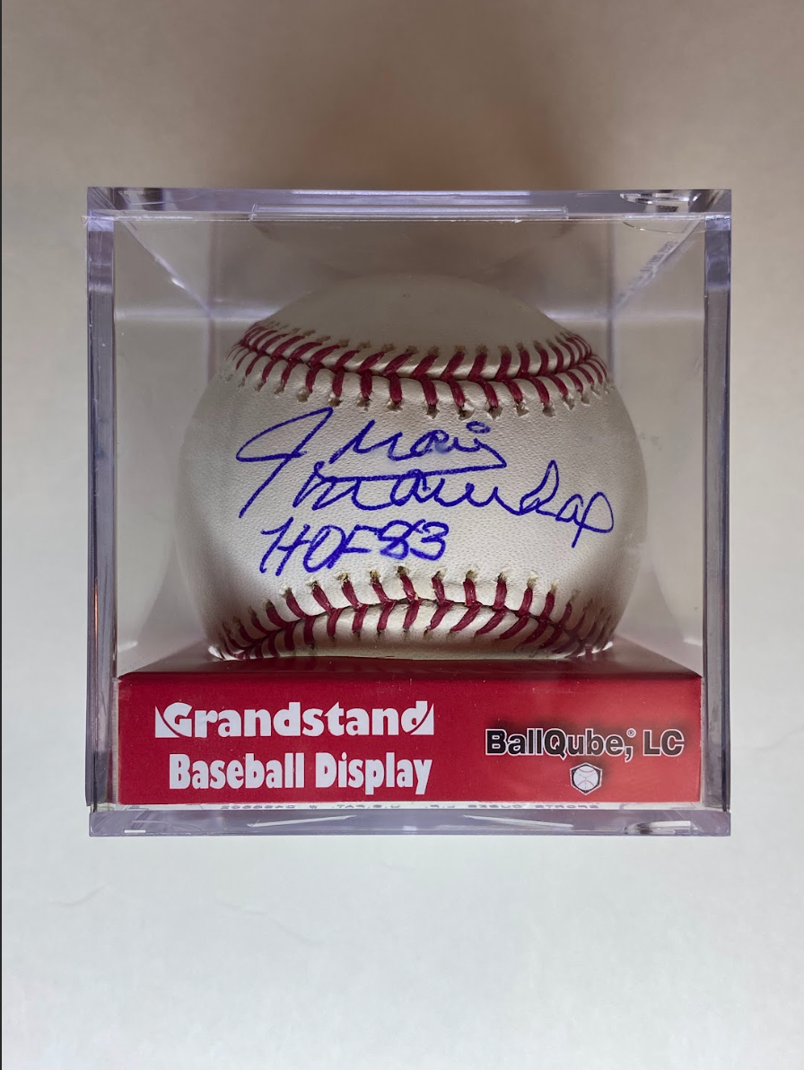 Juan Marichal Autographed Baseball with “HOF 83” Inscription – Grandstand Display Case Included