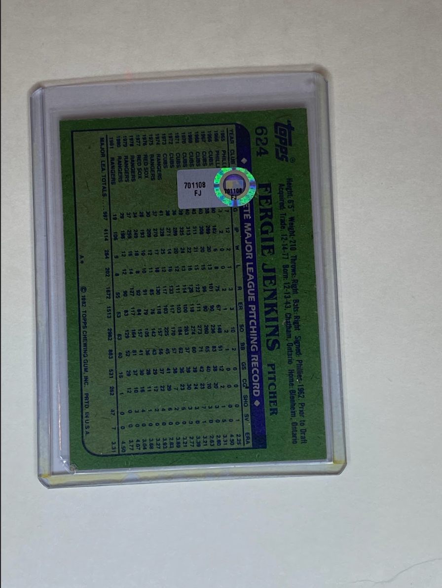 1982 Topps Fergie Jenkins Autographed Card #624 – Texas Rangers HOF Signature