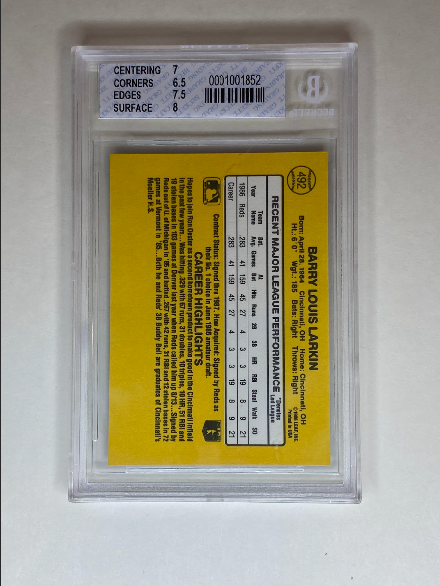 1987 Donruss Barry Larkin Rookie Card #492 – Beckett Graded 7 (Near Mint)