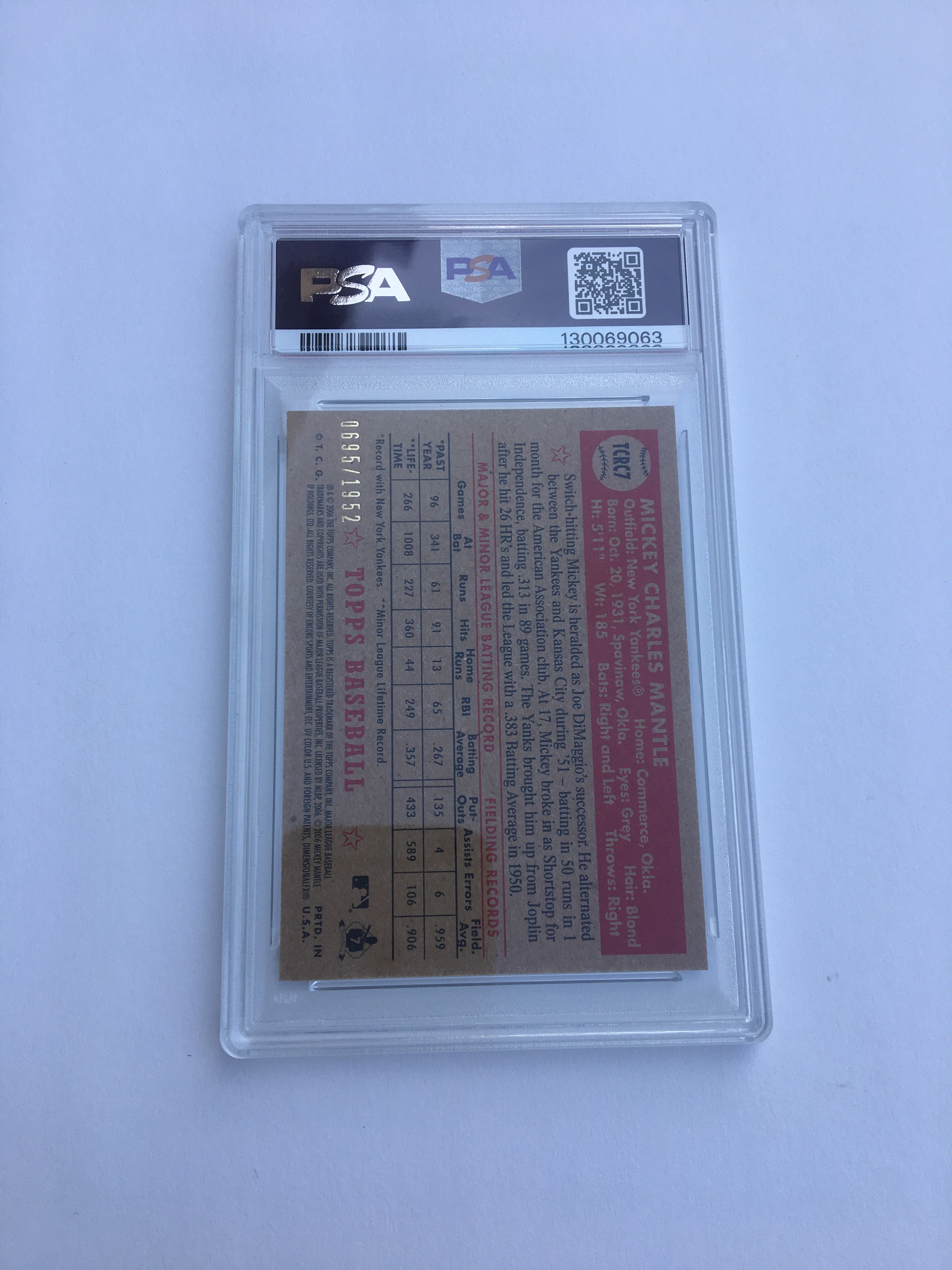 2006 TOPPS '52 Reprint CHROME #TCRC7 MICKEY MANTLE #0695/1952 Psa 9